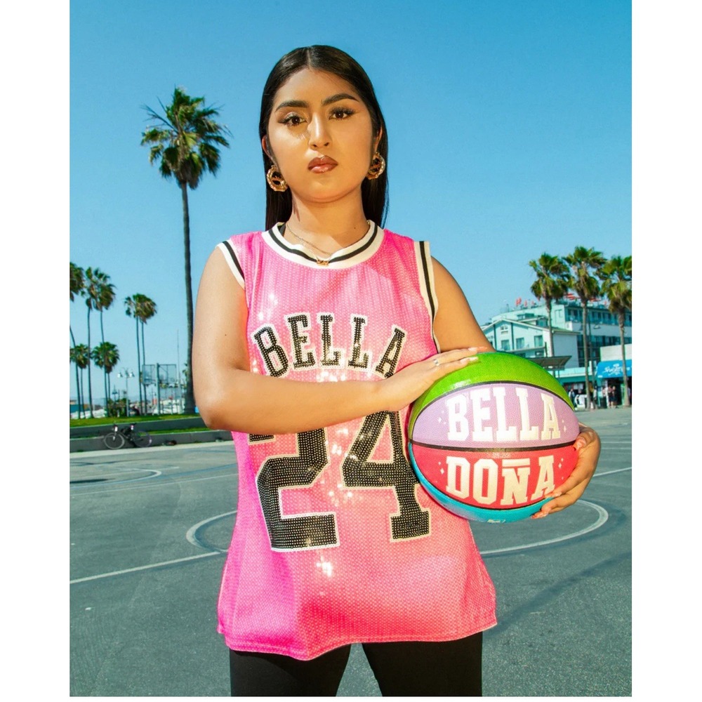 Bella Dona Basketball Jersey Sequin Sparkle Pink Black Embellished Tank Large